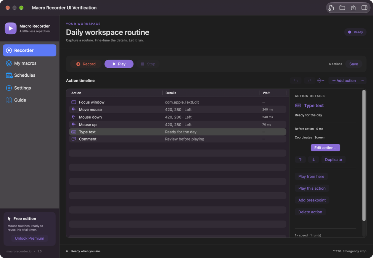 Native Macro Recorder for macOS showing a desktop automation timeline, text actions and an editor